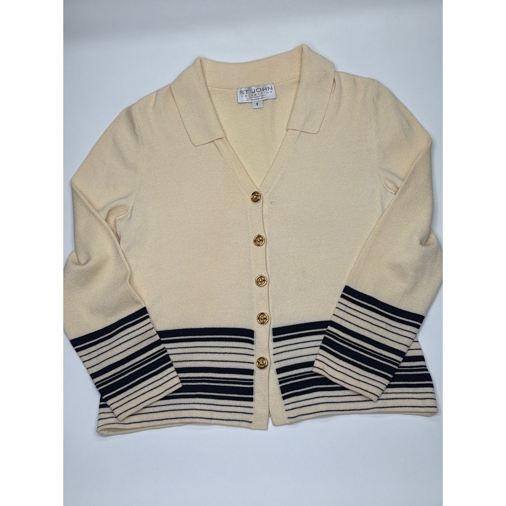St John Collection Women's Cream Striped Knit‎ Cardigan Sweater Size 8 Vintage